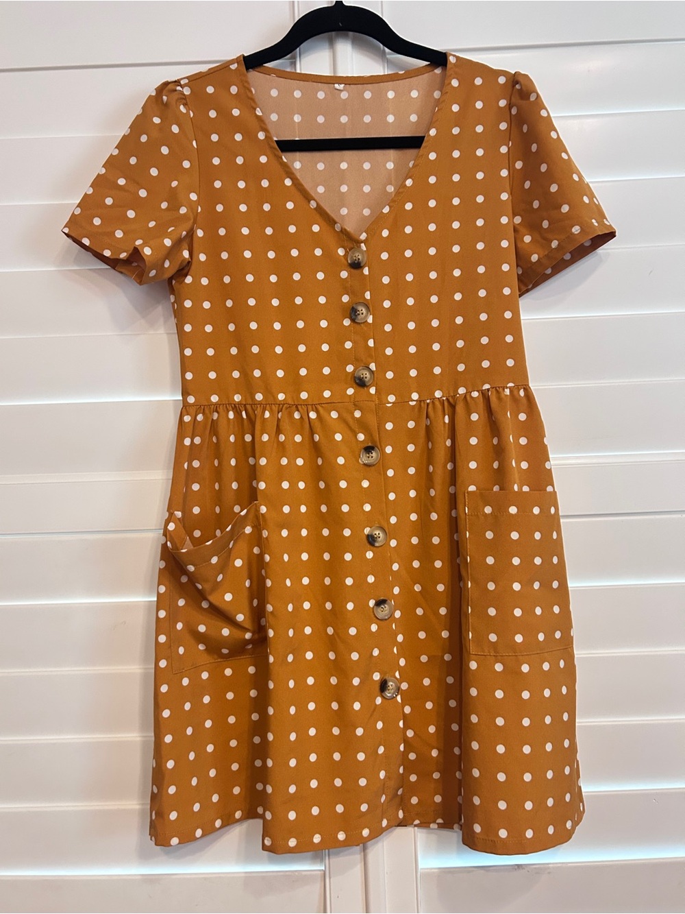 Mustard Polka Dot Button-Front Dress with Pockets